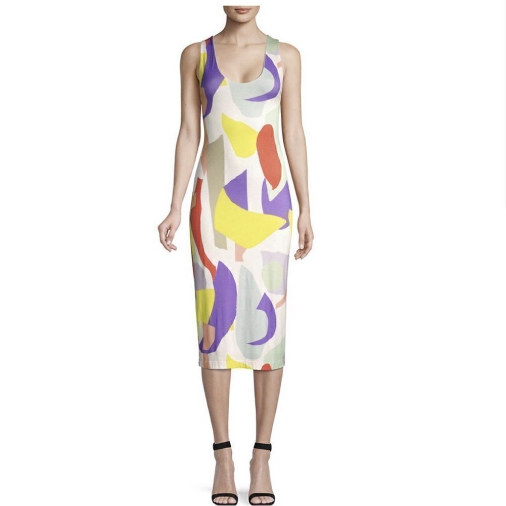 Alice & Olivia James abstract‎ all over print bodycon midi dress 6 new